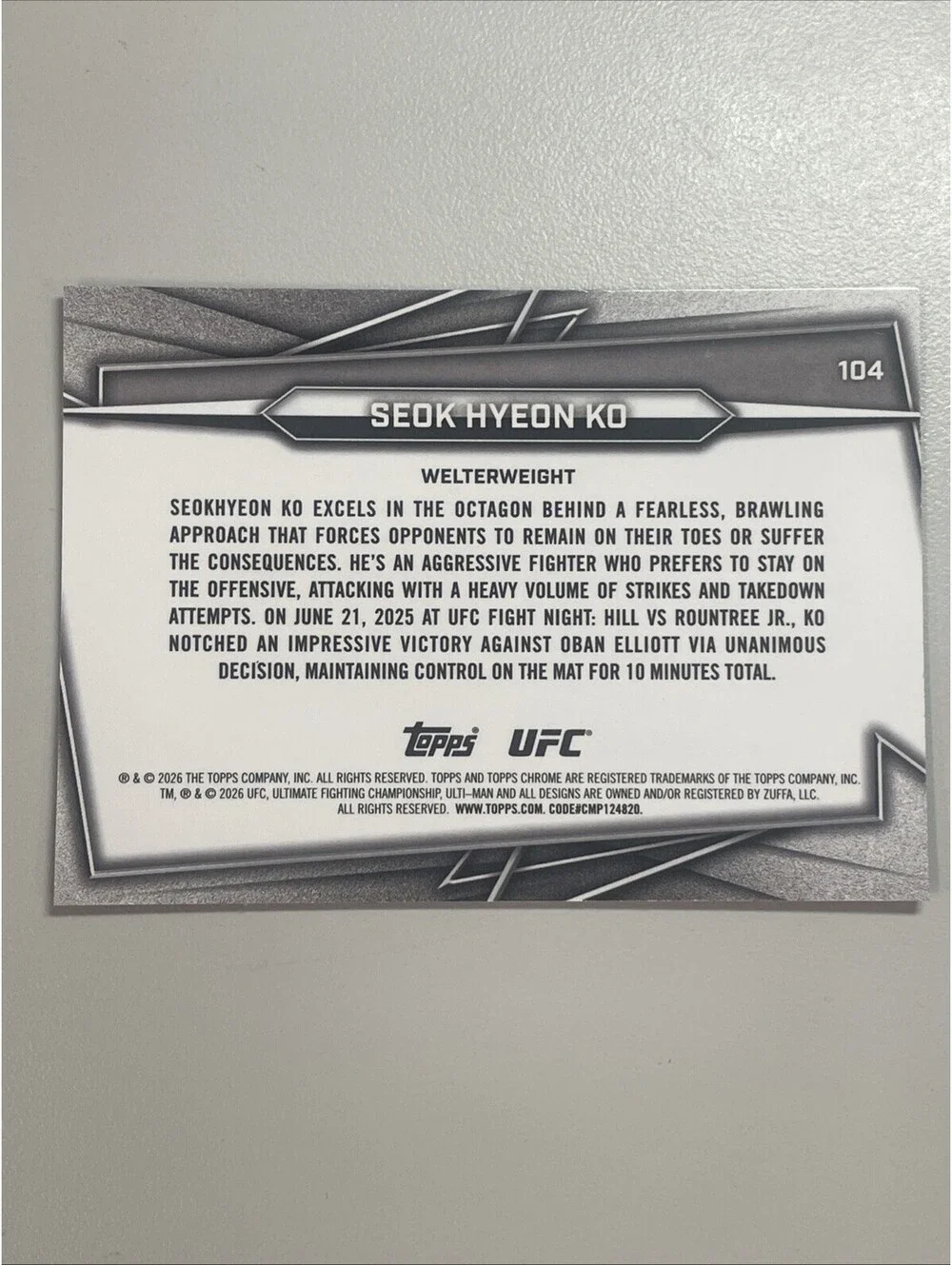 Seok Hyeon Ko 2026 Topps Chrome UFC Rookie RC Purple Wave Refractor /75!